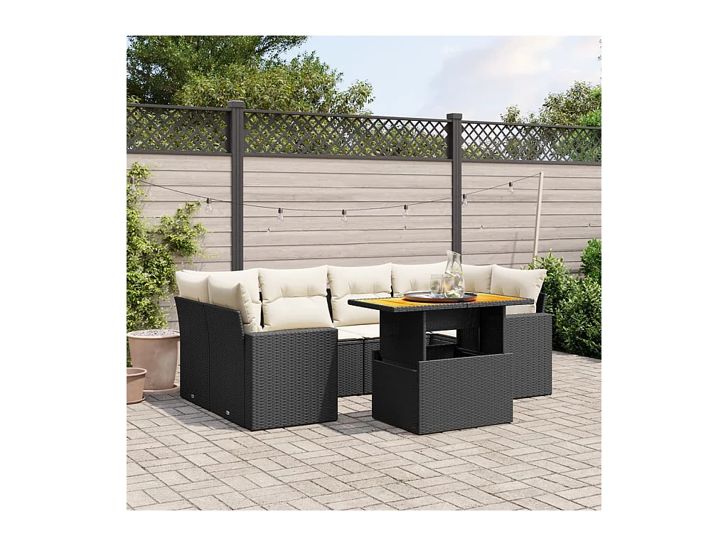 7-delige Loungeset met kussens poly rattan zwart