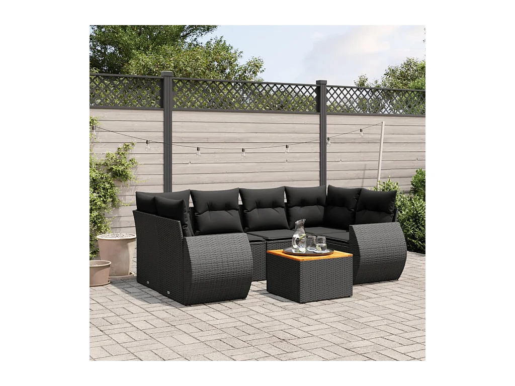 Salon de jardin 7 pcs avec coussins noir résine tressée