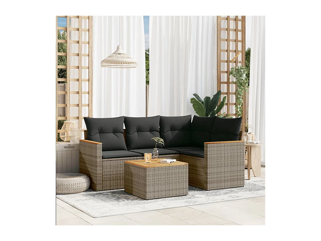 Salon de jardin 5 pcs avec coussins gris résine tressée