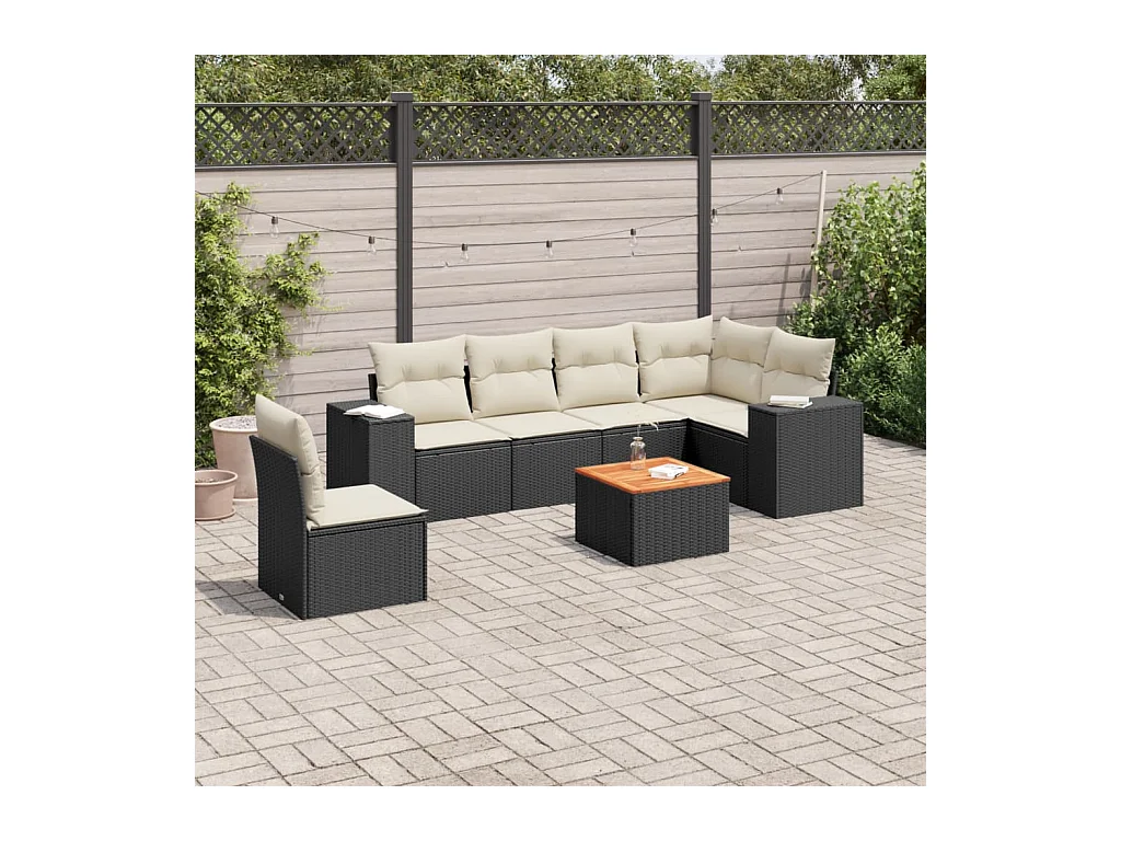 Salon de jardin 7 pcs avec coussins noir résine tressée