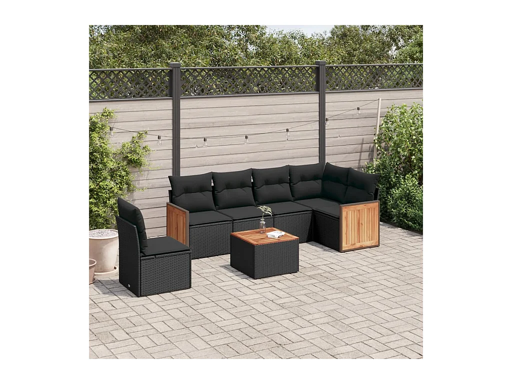 Salon de jardin 7 pcs avec coussins noir résine tressée