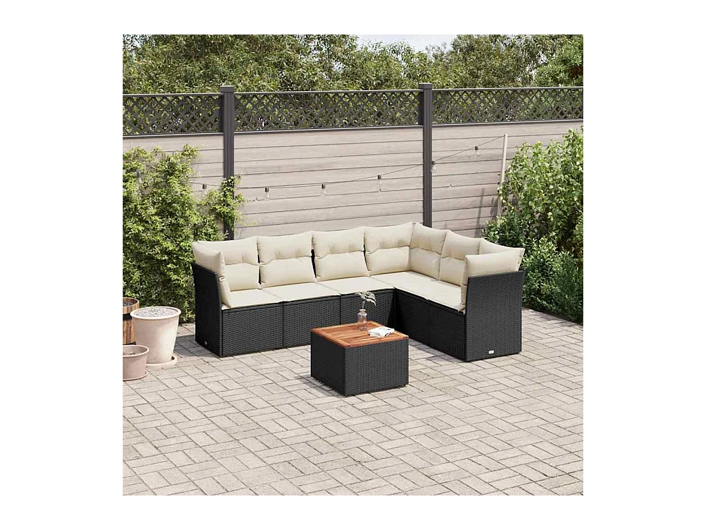 Salon de jardin 7 pcs avec coussins noir résine tressée