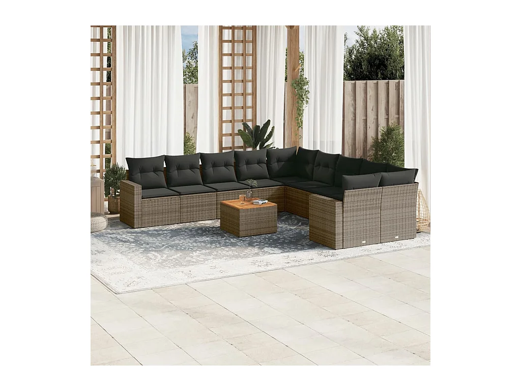 Salon de jardin 11 pcs avec coussins gris résine tressée
