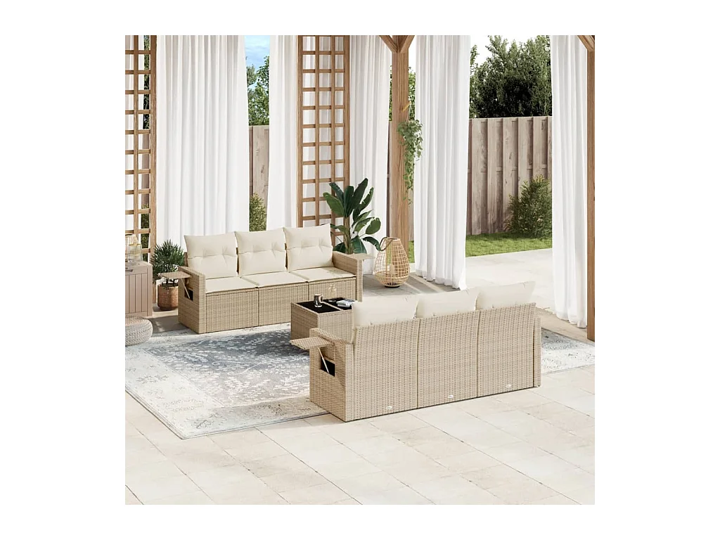 Set Divani da Giardino 7 pz con Cuscini Beige in Polyrattan