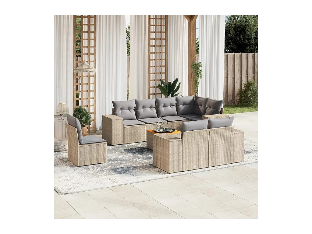 Salon de jardin avec coussins 9 pcs beige résine tressée