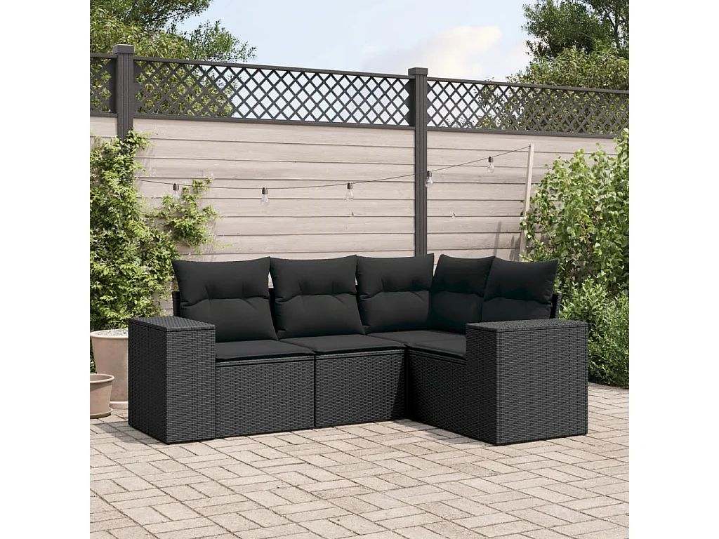Salon de jardin 4 pcs avec coussins noir résine tressée