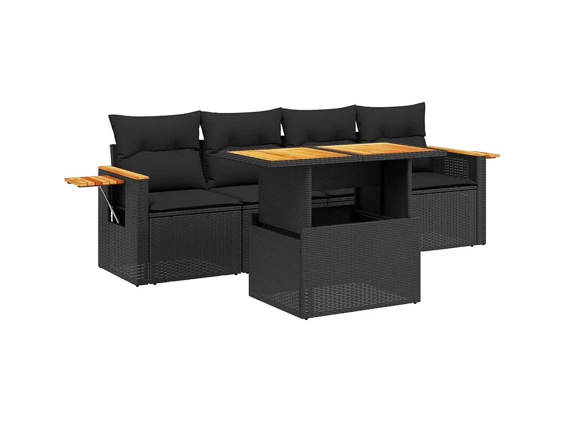 5-tlg. Garten-Sofagarnitur mit Kissen Schwarz Poly Rattan