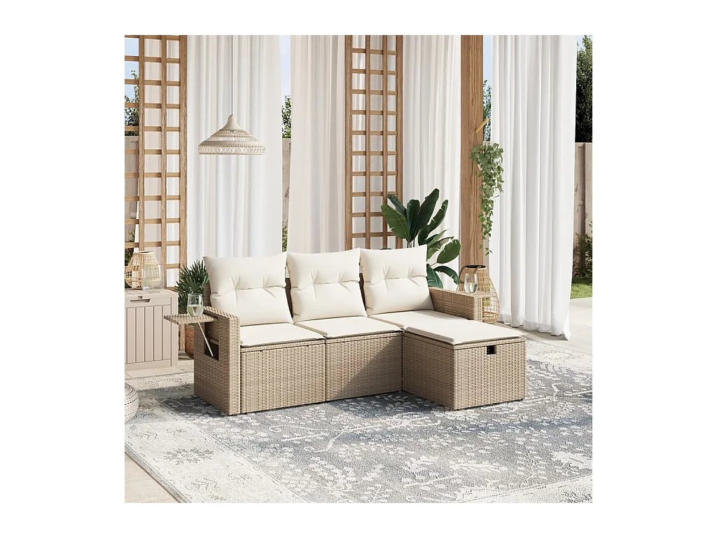 Set Divano da Giardino 4 pz con Cuscini Beige in Polyrattan