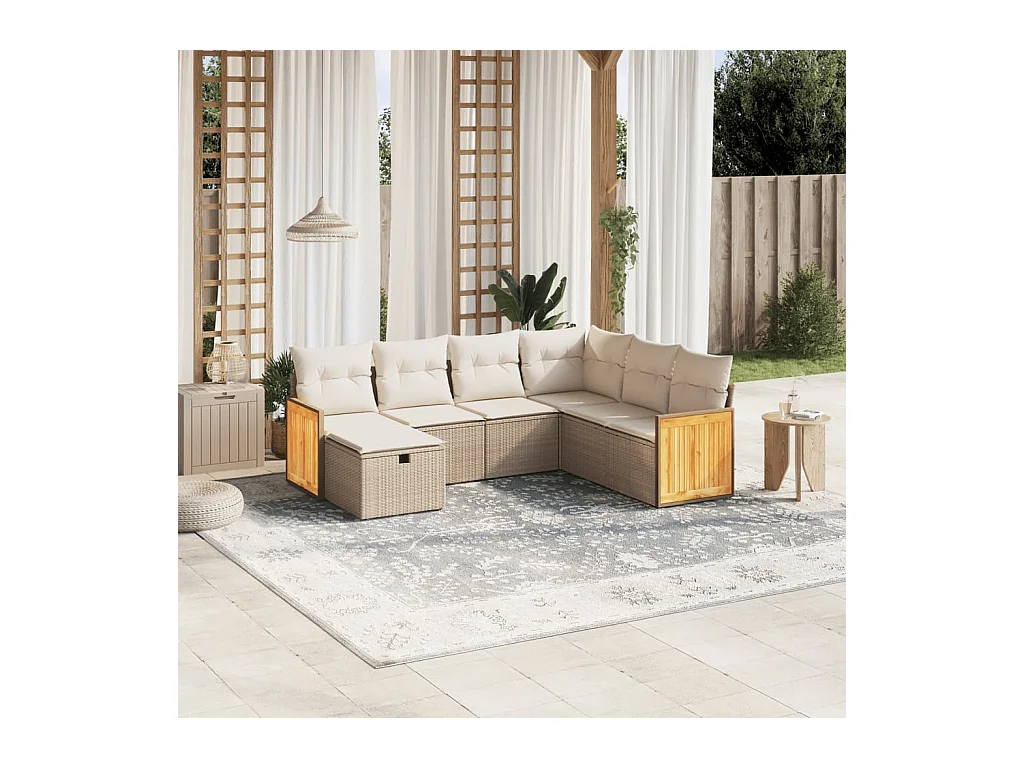 Set Divani da Giardino 7 pz con Cuscini Beige in Polyrattan