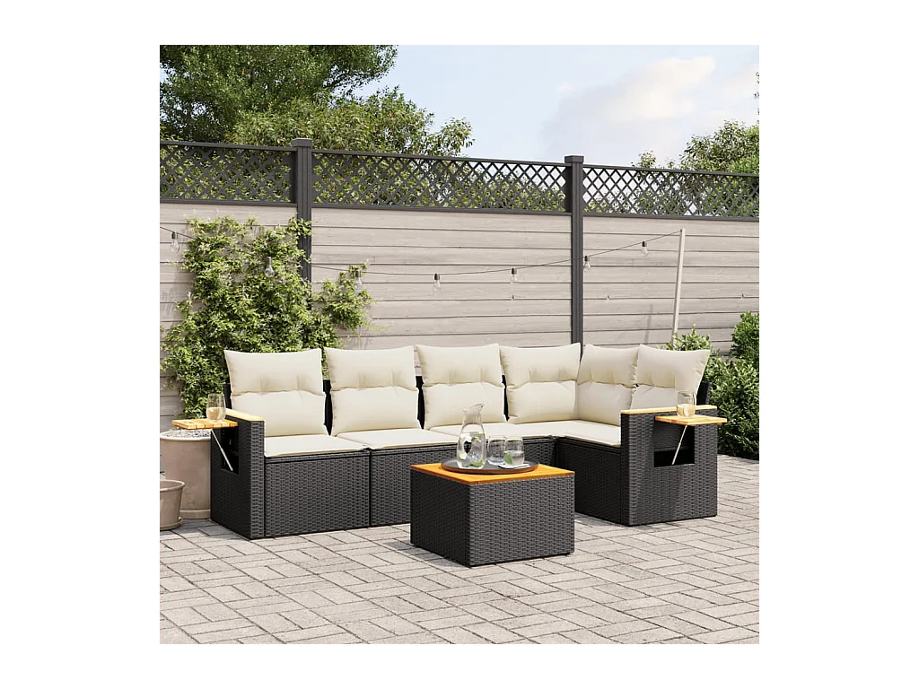 6-tlg. Garten-Sofagarnitur mit Kissen Schwarz Poly Rattan
