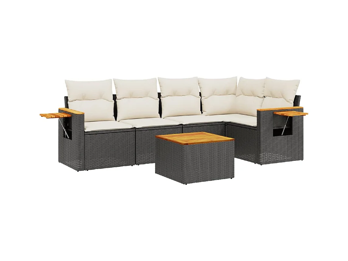 6-tlg. Garten-Sofagarnitur mit Kissen Schwarz Poly Rattan
