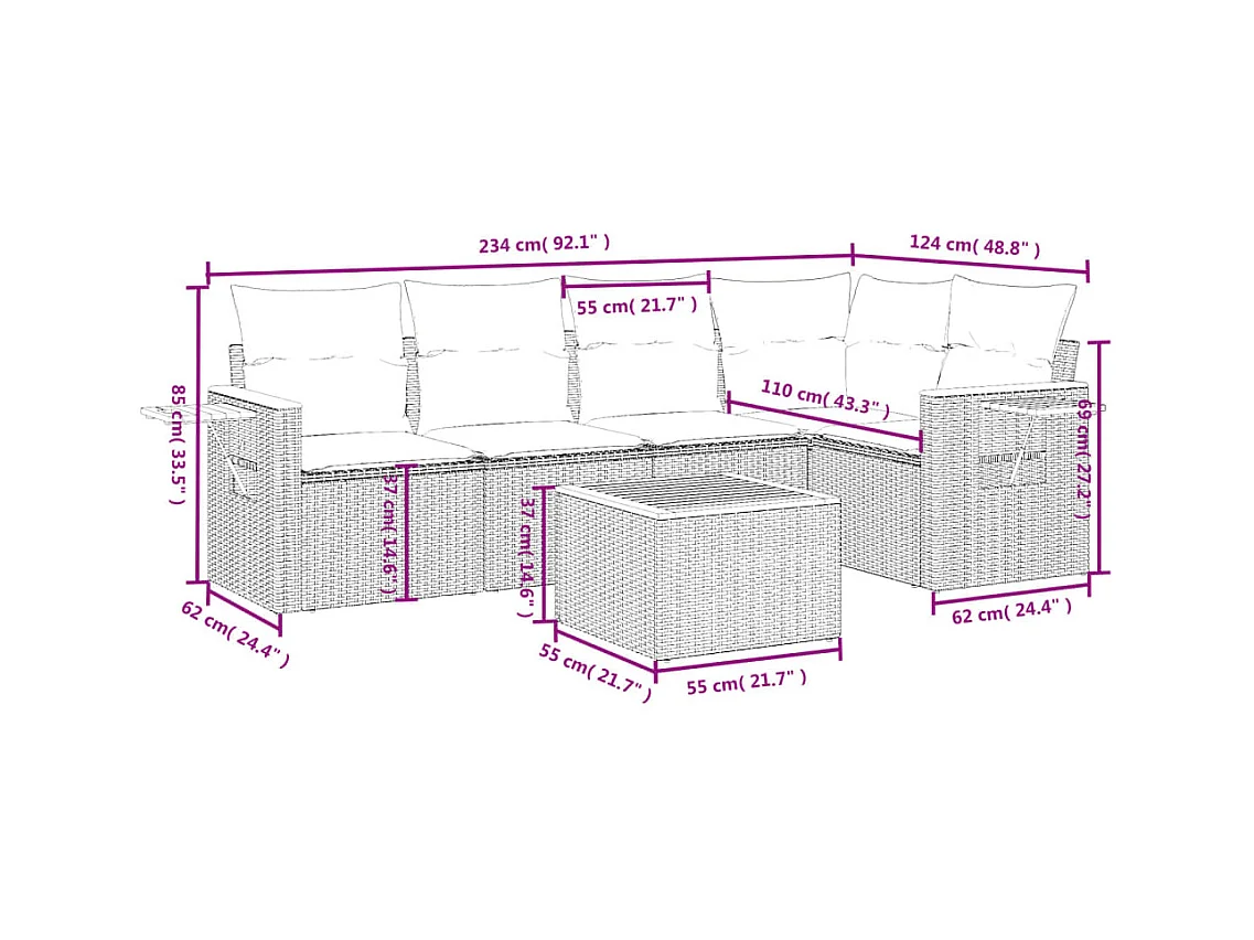 6-tlg. Garten-Sofagarnitur mit Kissen Schwarz Poly Rattan