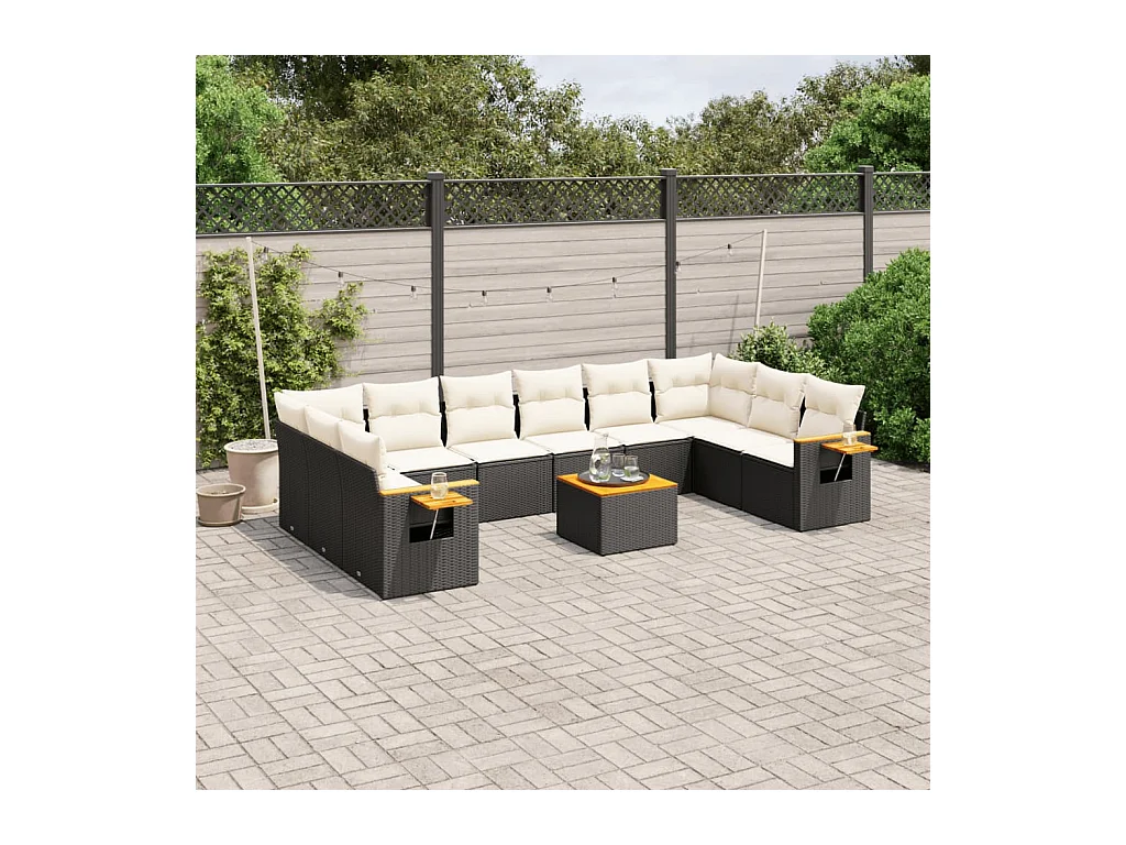 11-delige Loungeset met kussens poly rattan zwart