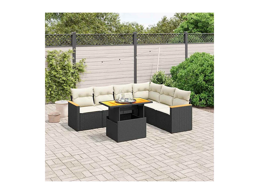 Salon de jardin 7 pcs avec coussins noir résine tressée