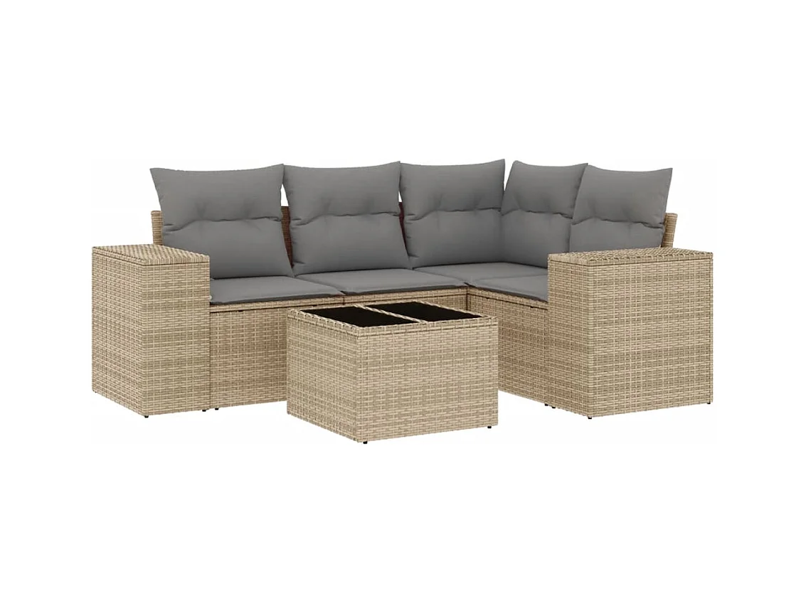 5-delige Loungeset met kussens poly rattan beige