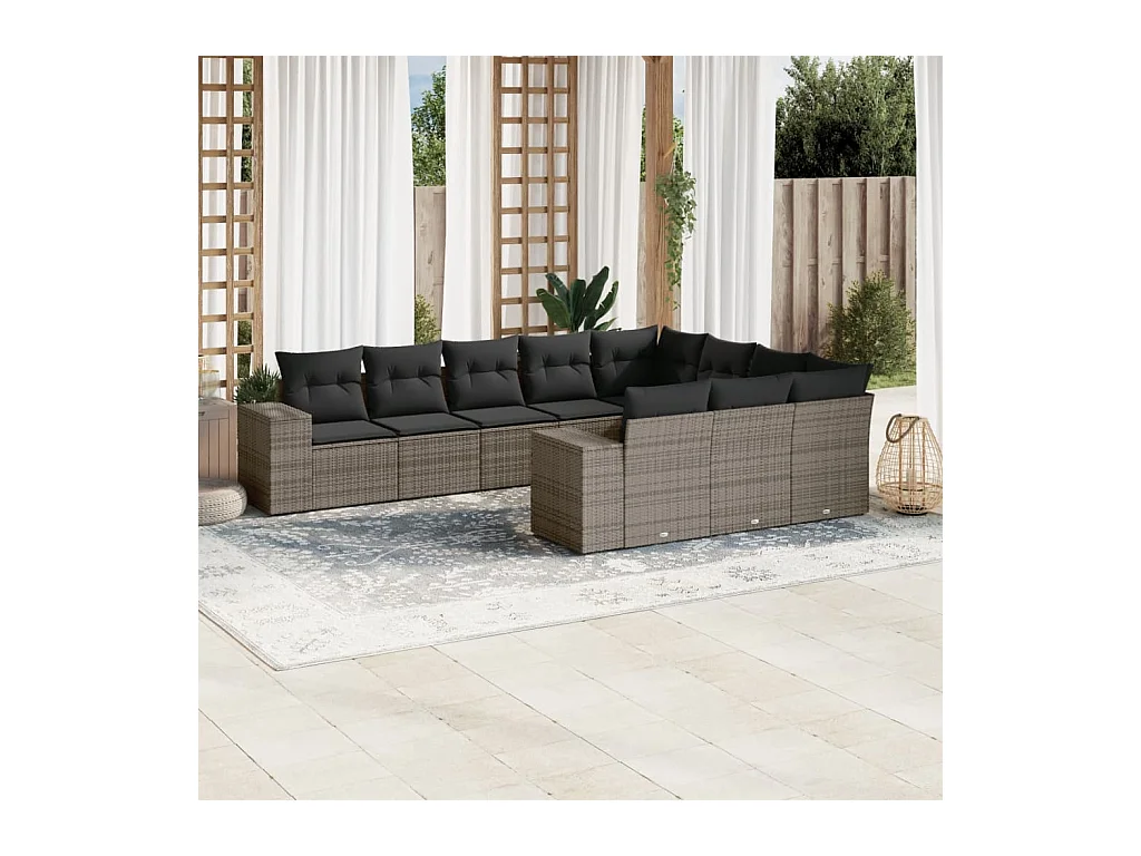 Salon de jardin avec coussins 10 pcs gris résine tressée