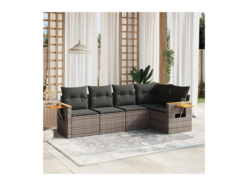 Salon de jardin 5 pcs avec coussins gris résine tressée
