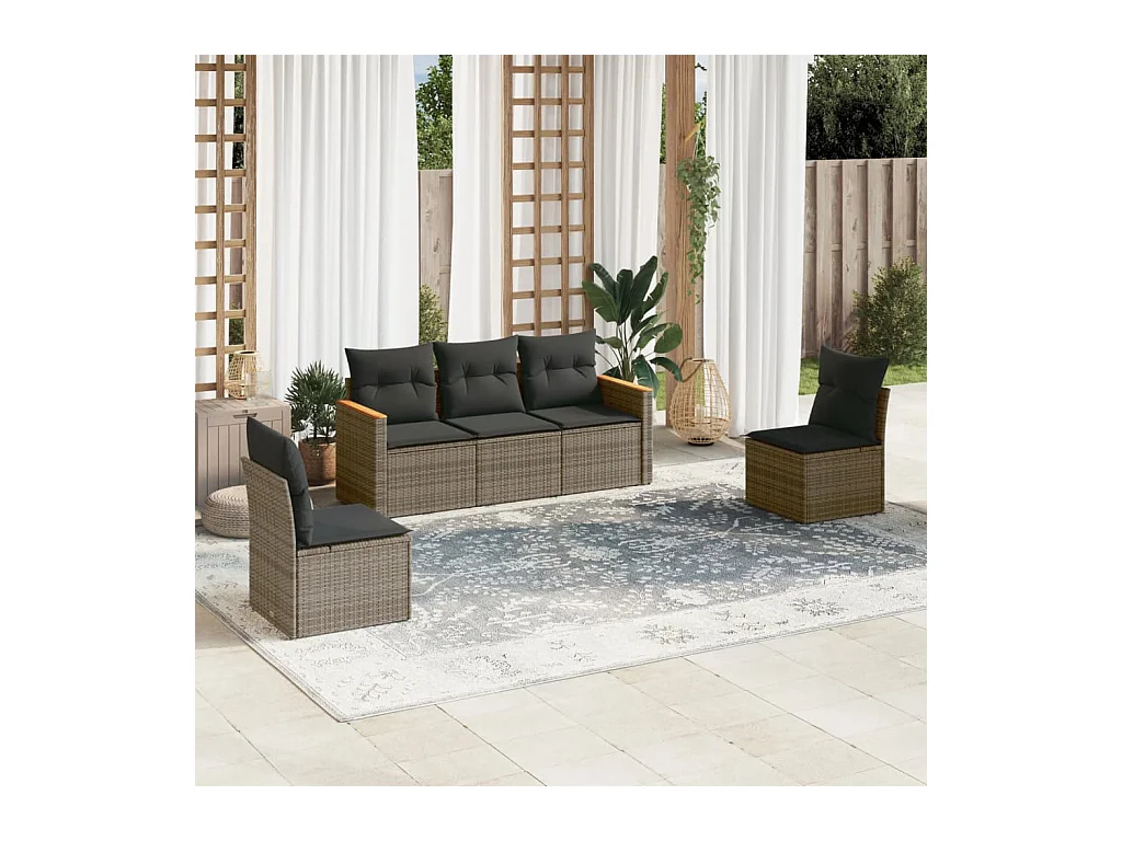 5-delige Loungeset met kussens poly rattan grijs
