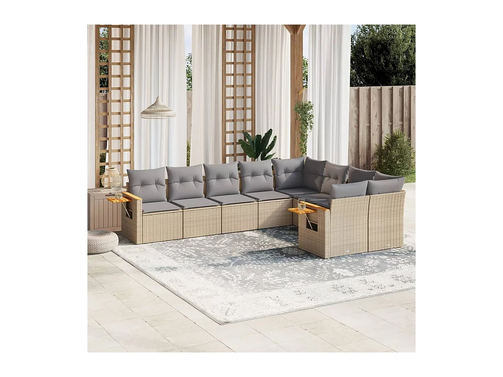 9-tlg. Garten-Sofagarnitur mit Kissen Beige Poly Rattan