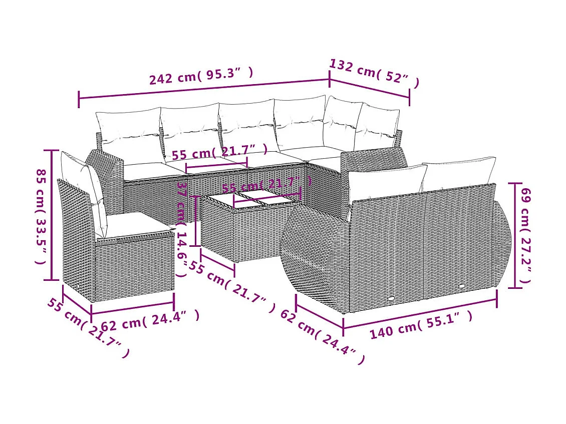 Set Divano da Giardino 9 pz con Cuscini Beige in Polyrattan