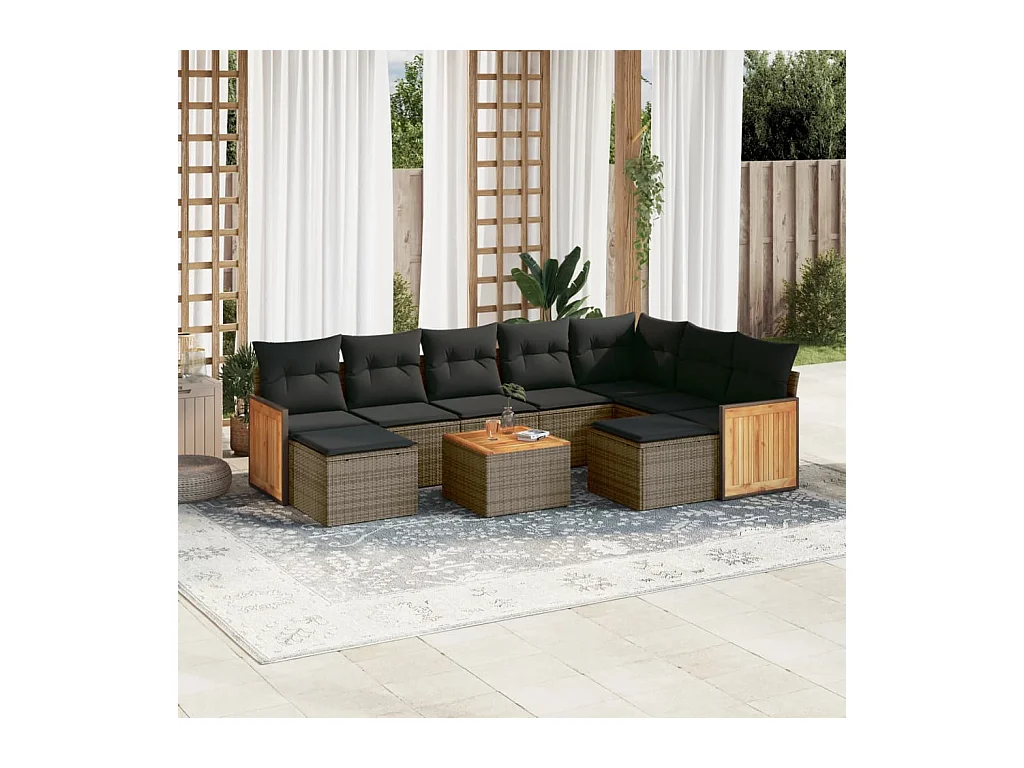 Salon de jardin avec coussins 10 pcs gris résine tressée