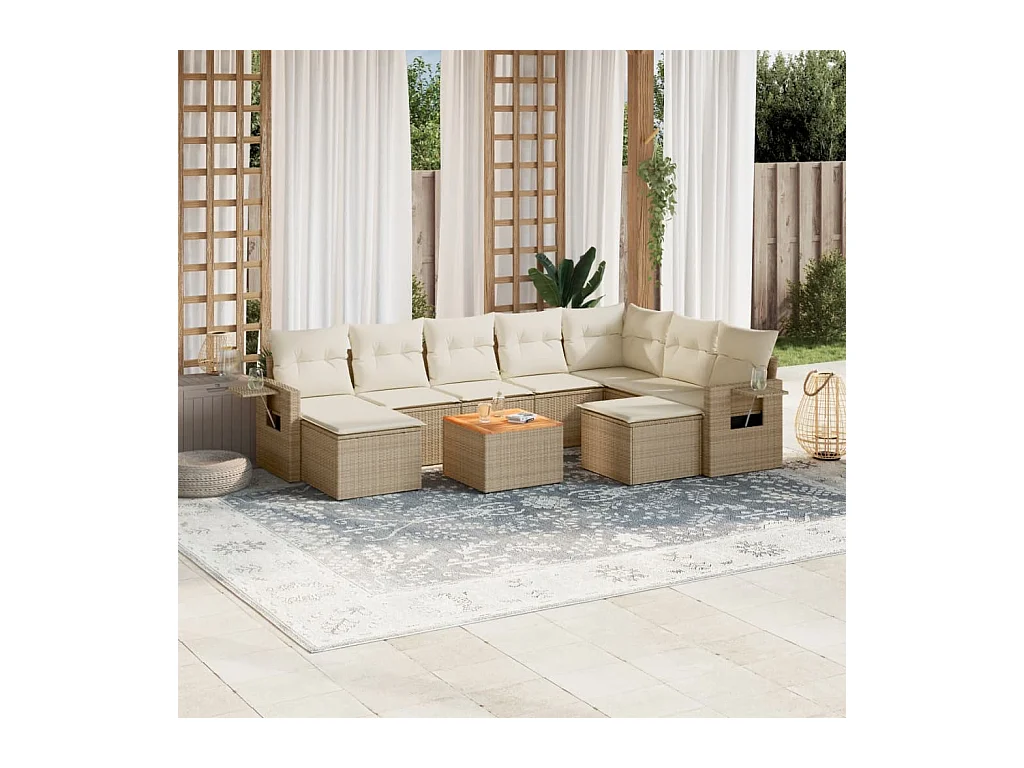 Salon de jardin avec coussins 10 pcs beige résine tressée