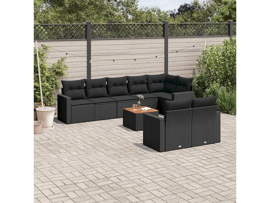 9 pcs conjunto de sofás p/ jardim c/ almofadões vime PE preto