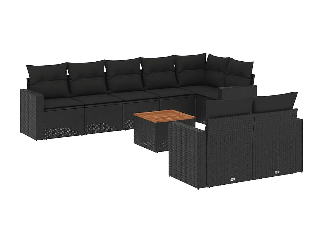 9 pcs conjunto de sofás p/ jardim c/ almofadões vime PE preto
