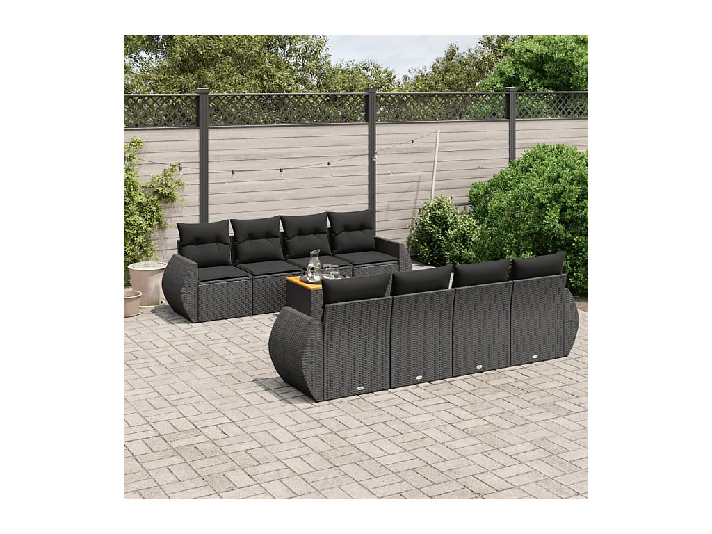 Set Divani da Giardino 9 pz con Cuscini Nero in Polyrattan