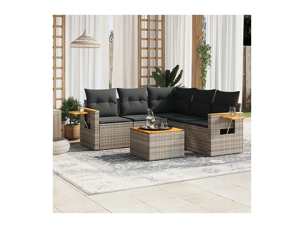 6-delige Loungeset met kussens poly rattan grijs