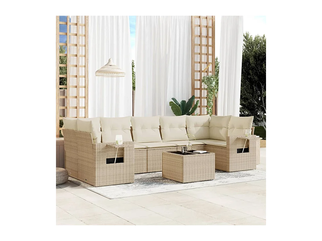 Set Divano da Giardino 8 pz con Cuscini Beige in Polyrattan