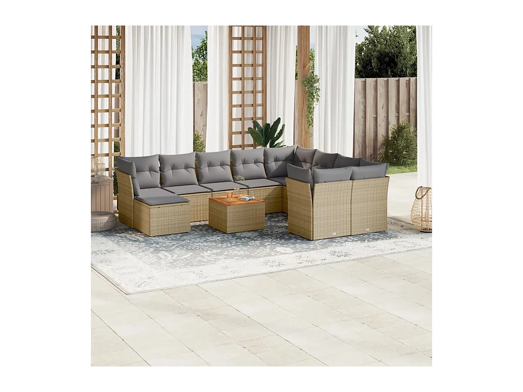 Salon de jardin et coussins 11 pcs mélange beige résine tressée