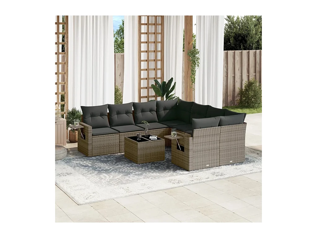 Set Divano da Giardino 9 pz con Cuscini Grigio in Polyrattan