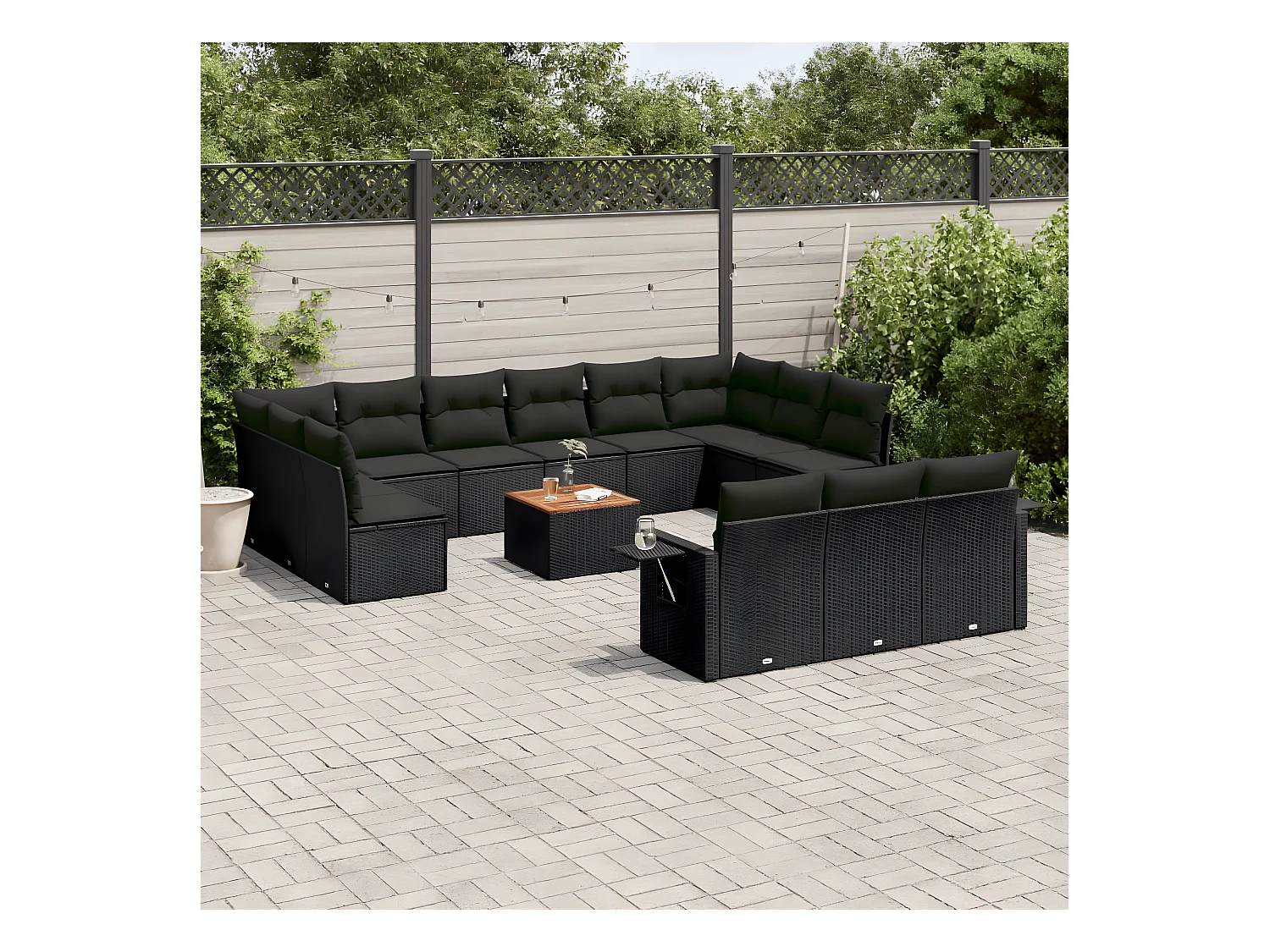 Set sofás de jardín 14 pzas con cojines ratán sintético negro