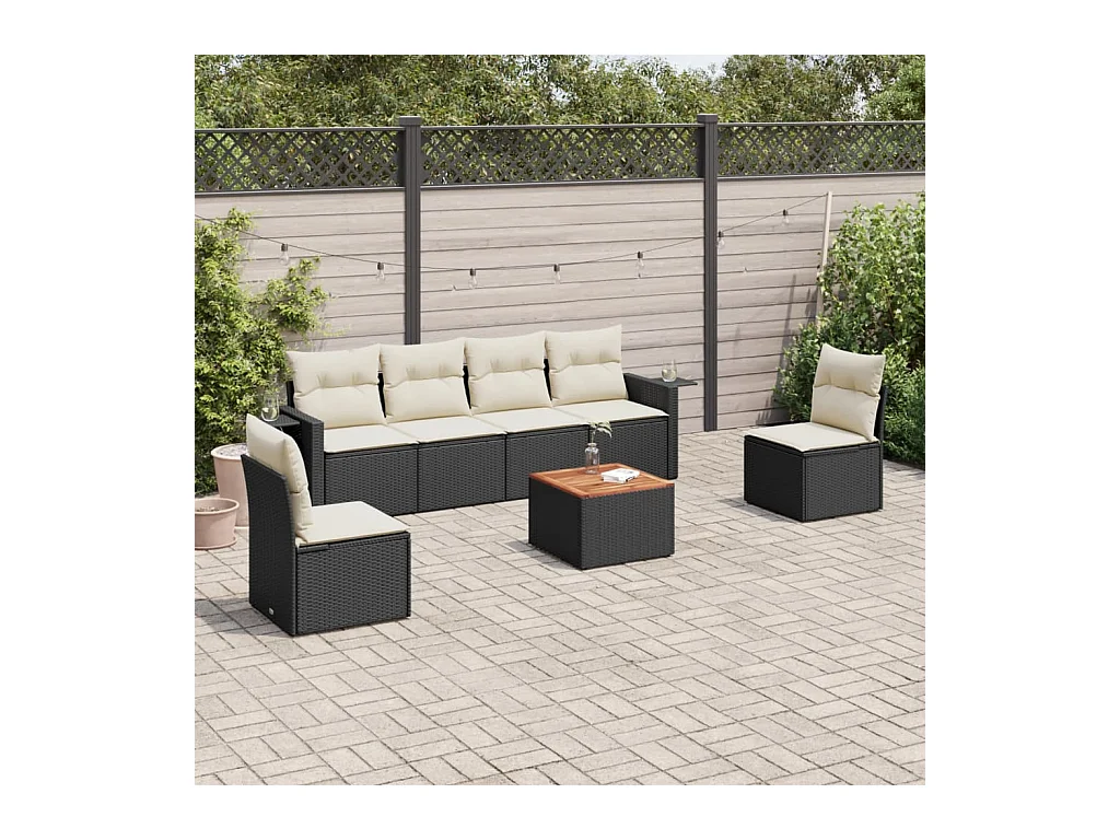 Salon de jardin 7 pcs avec coussins noir résine tressée