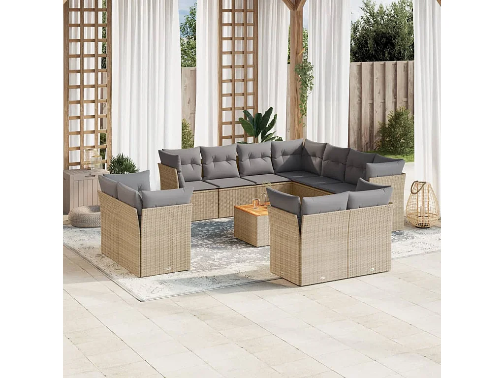Set Divano da Giardino 12 pz con Cuscini Beige Misto Polyrattan