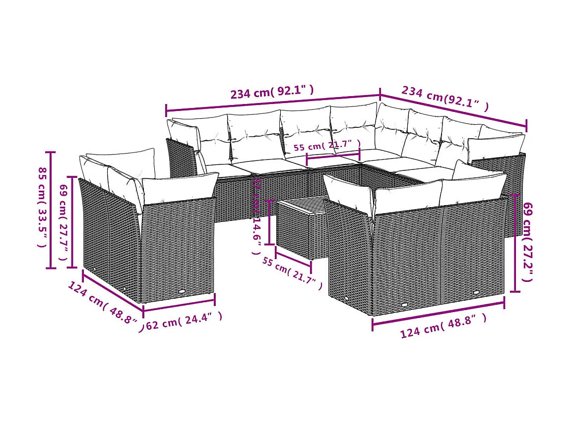 Set Divano da Giardino 12 pz con Cuscini Beige Misto Polyrattan