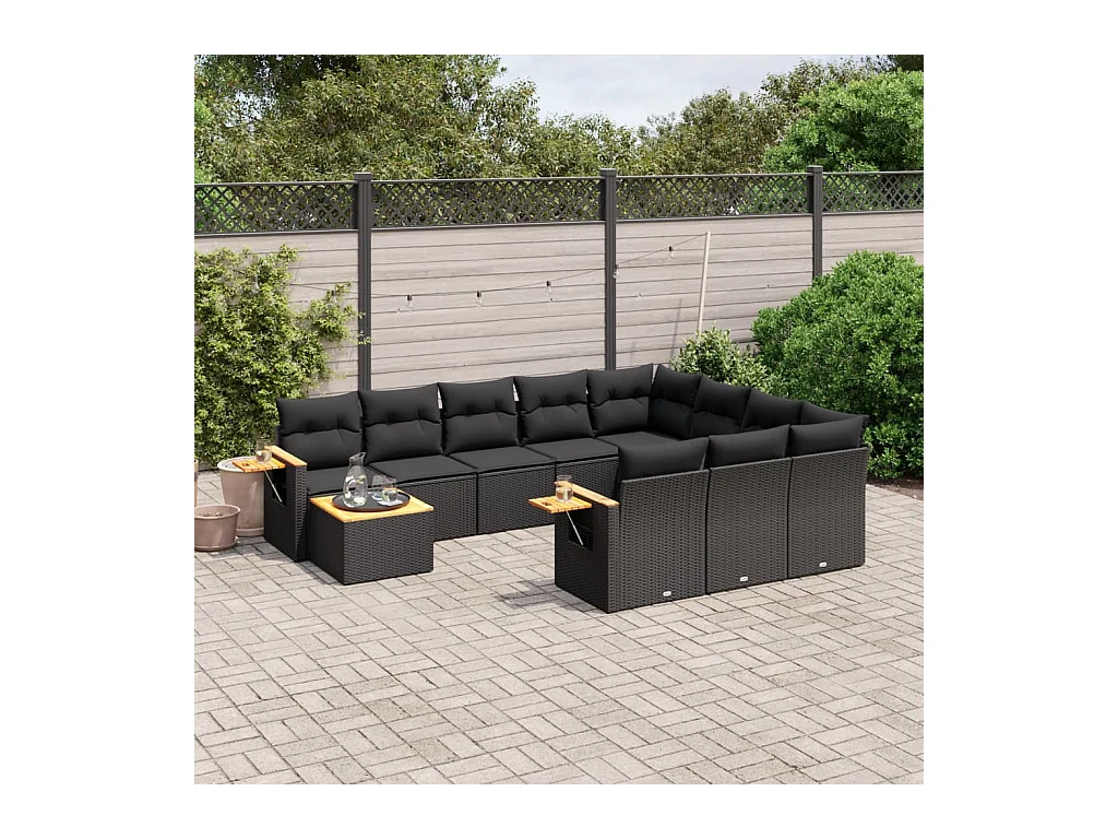 11-delige Loungeset met kussens poly rattan zwart