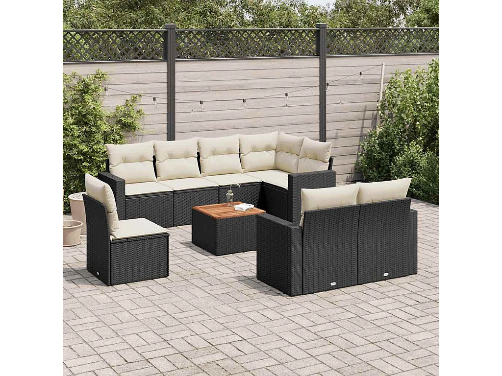 9-tlg. Garten-Sofagarnitur mit Kissen Schwarz Poly Rattan
