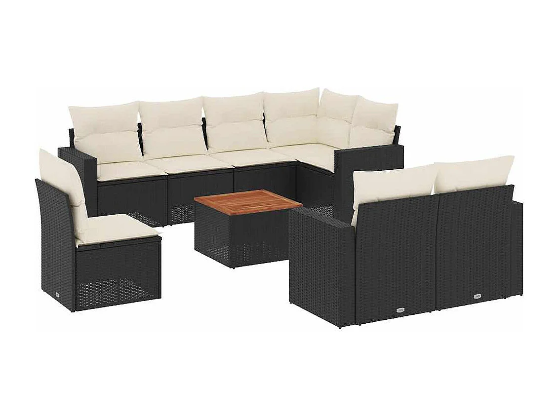 9-tlg. Garten-Sofagarnitur mit Kissen Schwarz Poly Rattan