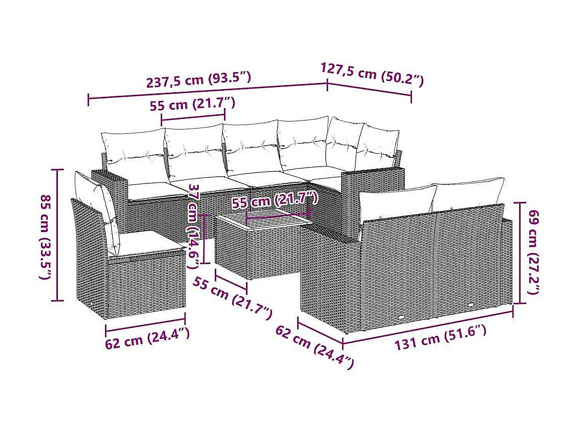 9-tlg. Garten-Sofagarnitur mit Kissen Schwarz Poly Rattan