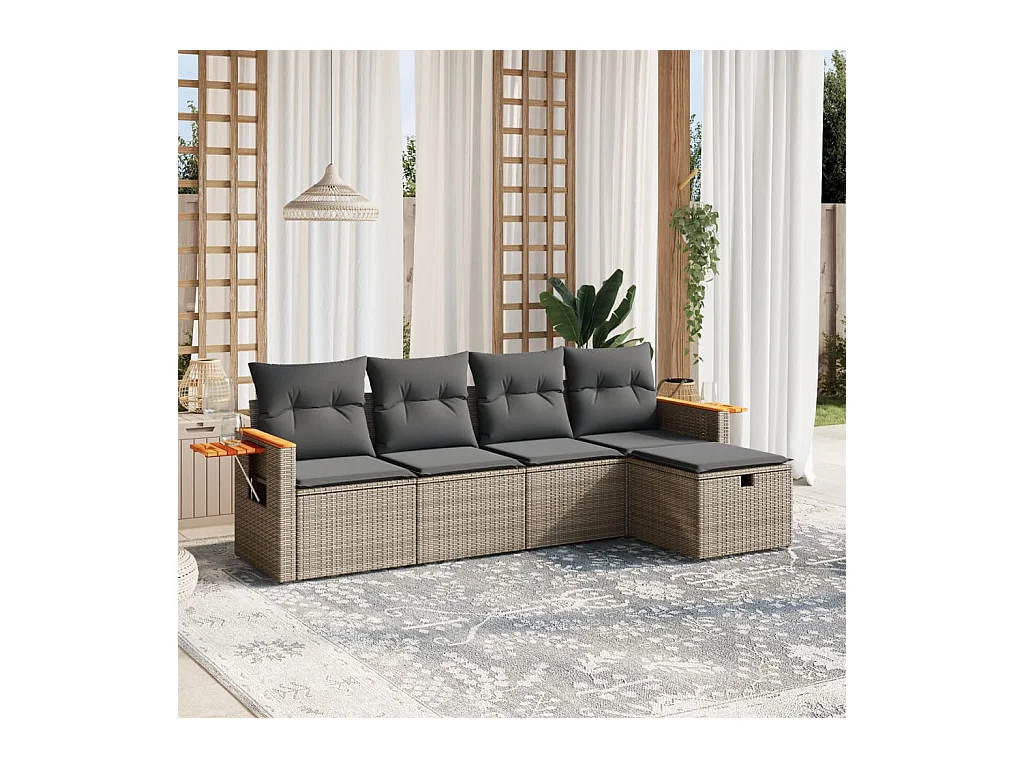 Salon de jardin 5 pcs avec coussins gris résine tressée