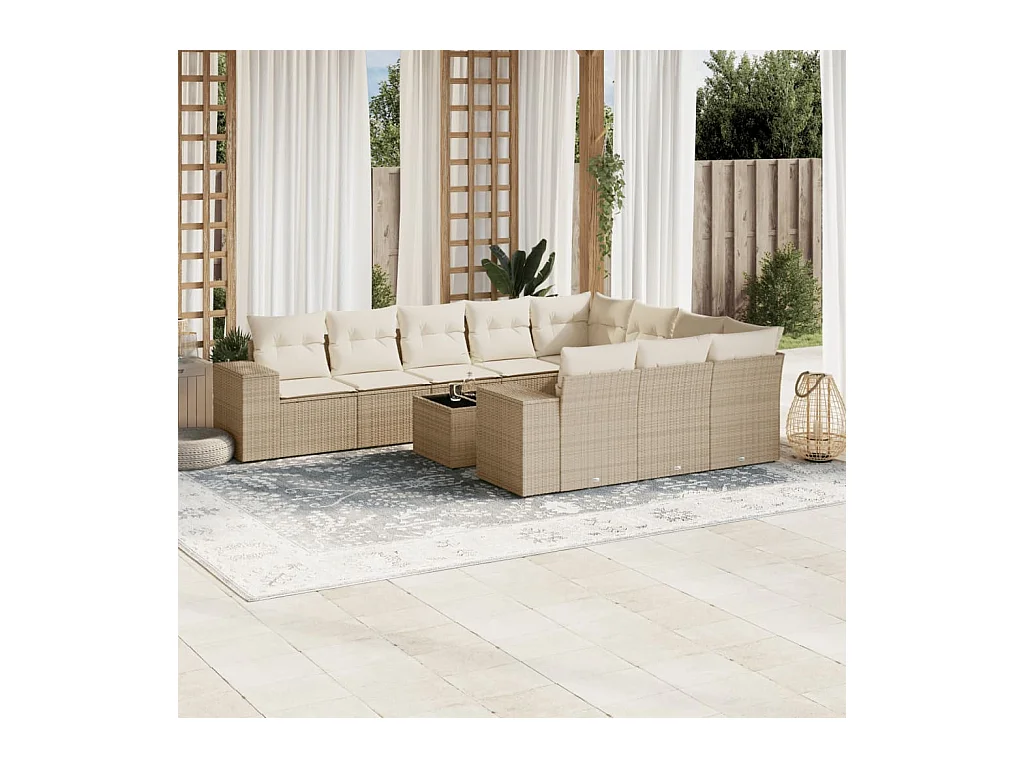 11-delige Tuinset met kussens poly rattan beige