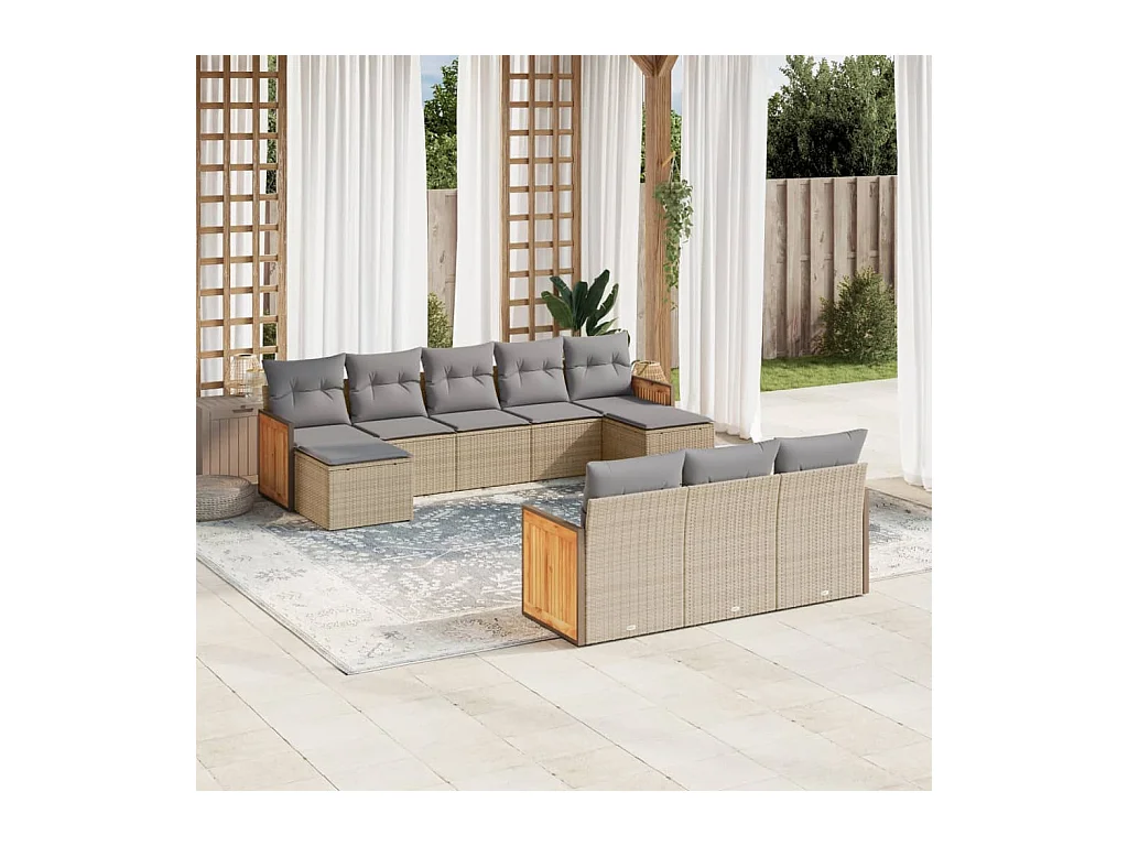 Salon de jardin avec coussins 10 pcs beige résine tressée