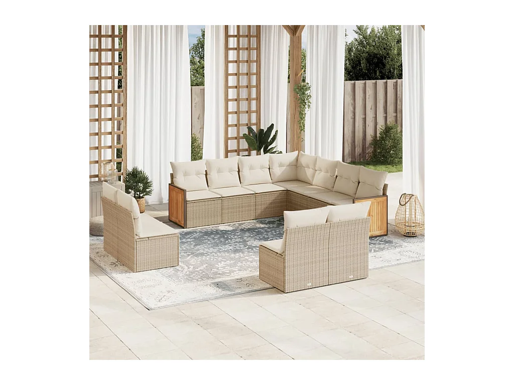 Salon de jardin 11 pcs avec coussins beige résine tressée