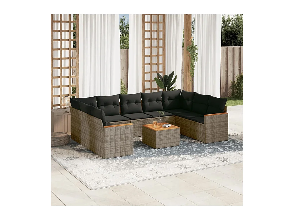 10-delige Loungeset met kussens poly rattan grijs