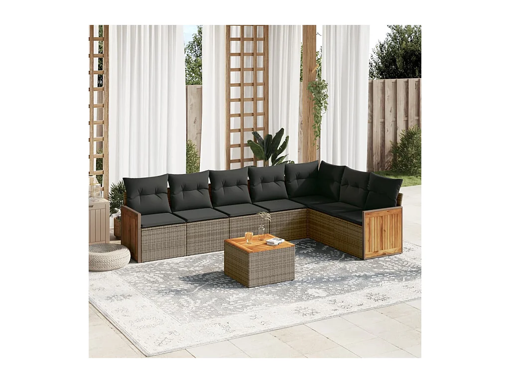 8 pcs conjunto sofás de jardim c/ almofadões vime PE cinzento