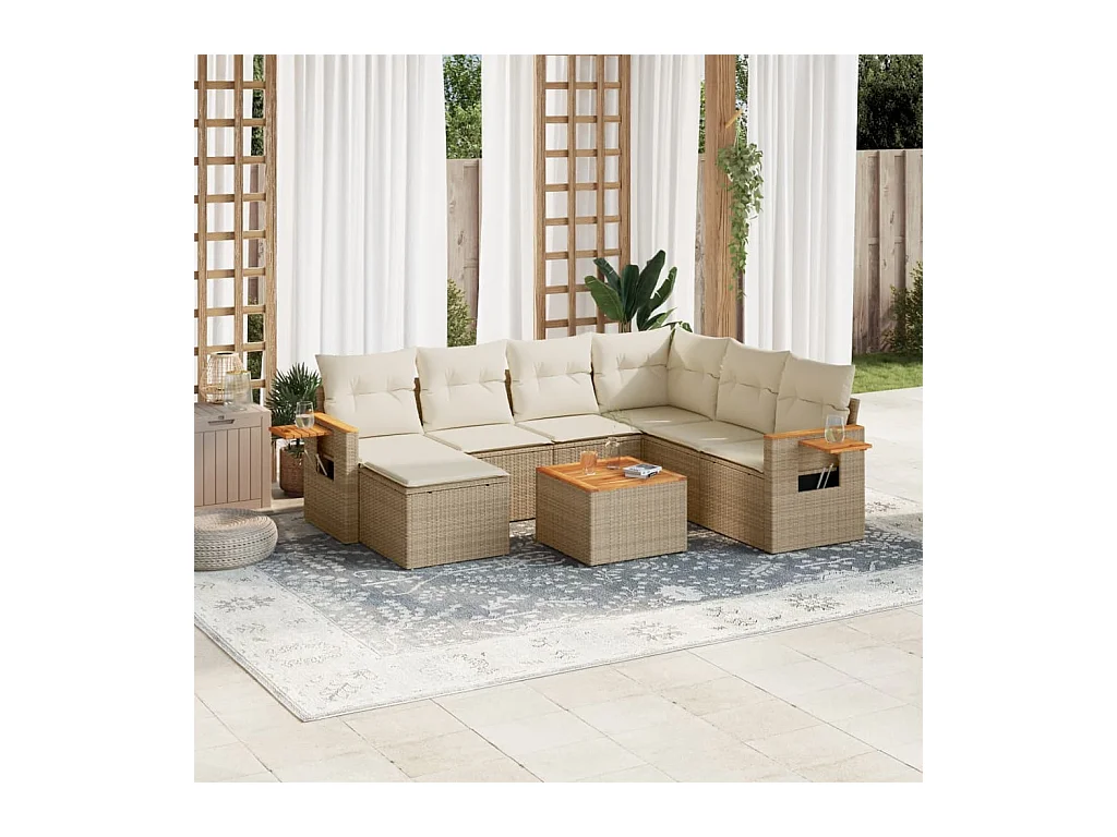 Salon de jardin avec coussins 8 pcs beige résine tressée