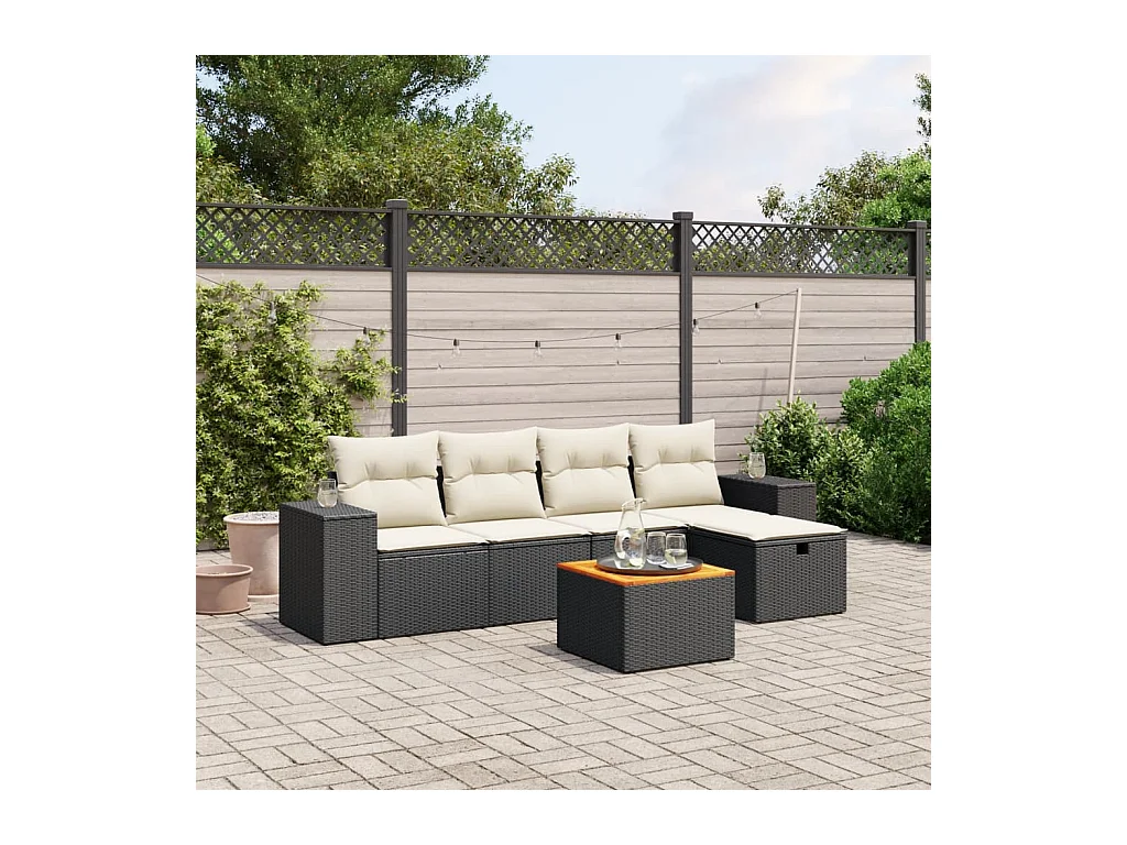 Salon de jardin 6 pcs avec coussins noir résine tressée