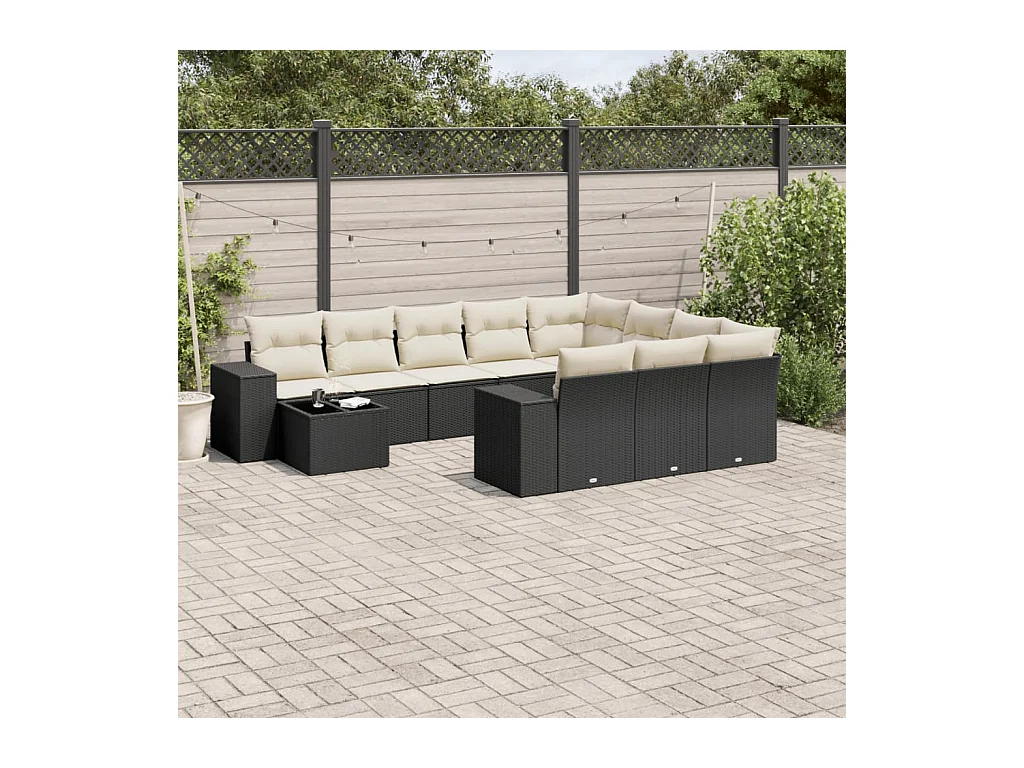 Salon de jardin 11 pcs avec coussins noir résine tressée